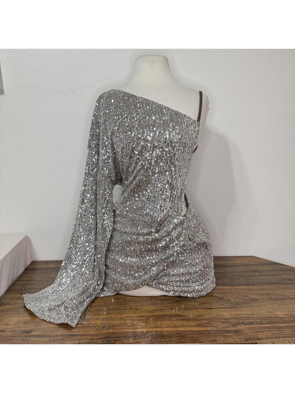 Silver Sequin Asymmetrical One-Sleeve Mini Dress Size Medium